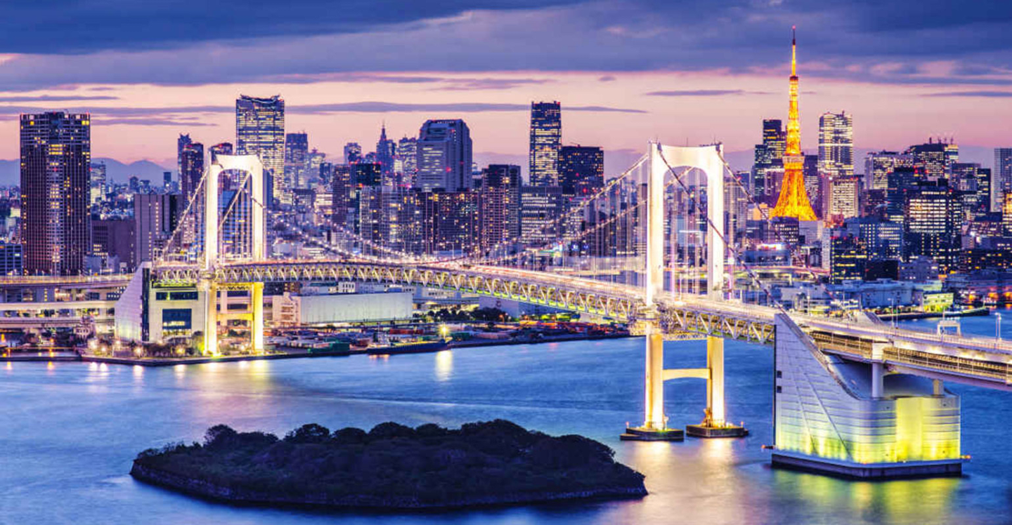 Cityscape with suspension bridge