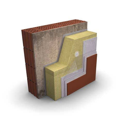 renovuojamos mūro sienos pjūvis su PAROC akmens vatos izoliacijos sluoksniu