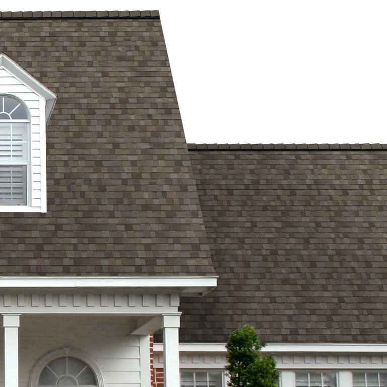 Tejas TruDefinition Duration MAX Summerwood en una casa de dos plantas que complementan el panel horizontal blanco y una puerta símil madera.