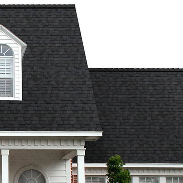 Tejas TruDefinition Duration MAX Carbon en una casa de dos plantas que complementan el panel horizontal blanco y una puerta símil madera.