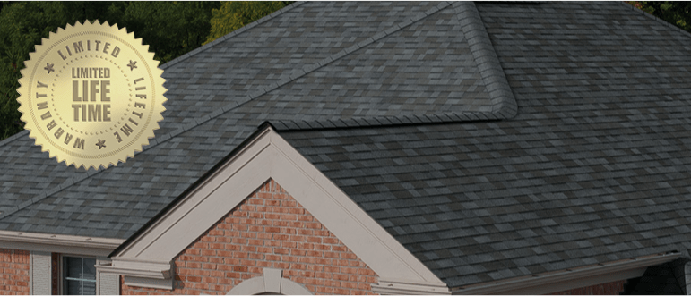 Duration shingle roof with gold Limited Lifetime warranty badge.