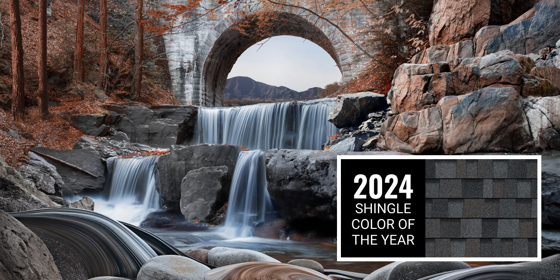 Montage image of flowing water swirling into rocks paired with the 2024 Shingle Color of the Year Williamsburg Gray