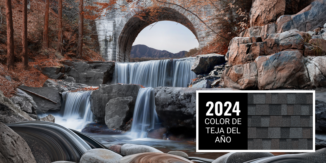 Imagen de montaje de agua que fluye arremolinándose en rocas combinada con el color de tejas del año 2024 Williamsburg Gray