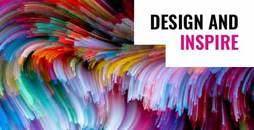 Colorful swirls with the the words "Design and Inspire" on top