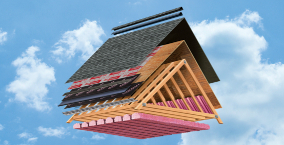 Exploded roof visualization showing the various layers of a roofing system.
