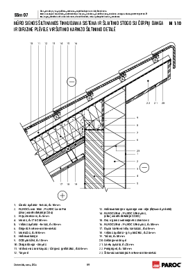 SSm 07 Mūro sienos šiltinamos tinkuojama sistema ir šlaitinio stogo su čerpių danga ir difuzine plėvele  viršutinio karnizo šiltinimo detalė