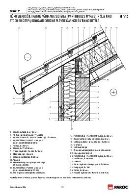 SSm 12 Mūro sienos šiltinamos vėdinama sistema (tvirtinimas strypais) ir šlaitinio stogo su čerpių danga ir difuzine plėvele karnizo šiltinimo detalė