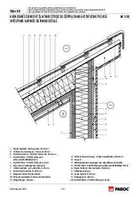 SSm 02 Karkasinės sienos ir šlaitinio stogo su čerpių danga ir difuzine plėvele viršutinio karnizo šiltinimo detalė