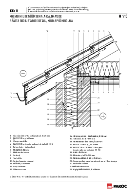 KKs-11 Kolmekihilise müürseina ja kaldkatuse räästa soojustamise detail, külma pööninguga