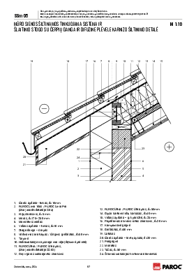 SSm 05 Mūro sienos šiltinamos tinkuojama sistema ir šlaitinio stogo su čerpių danga ir difuzine plėvele karnizo šiltinimo detalė