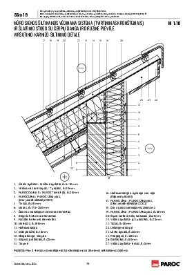 SSm 16 Mūro sienos šiltinamos vėdinama sistema (tvirtinimas kronšteinais) ir šlaitinio stogo su čerpių danga ir difuzine plėvele viršutinio karnizo šiltinimo detalė